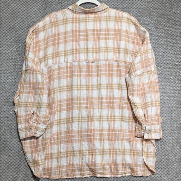 American Eagle Oversized Linen Shirt Small Lounge Beach Coverup Plaid Roll Tab - Picture 2 of 8